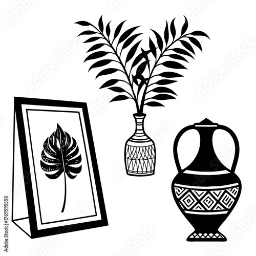 Stylized black and white illustration of a framed monstera leaf a vase with palm fronds and an ornate amphora vase