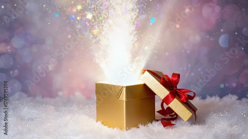 Golden Gift Box Opens Revealing Magical Sparkle Burst Festive Celebration Surprise Holiday