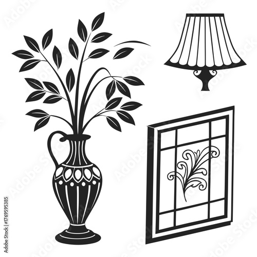 Decorative black silhouette elements including a vase with leaves a lamp shade and a window pane with ornate scrollwork