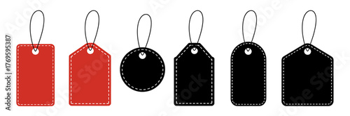 Assorted Price Tag Shapes for Retail Marketing and Promotion with Blank Red and Black Labels on White Background