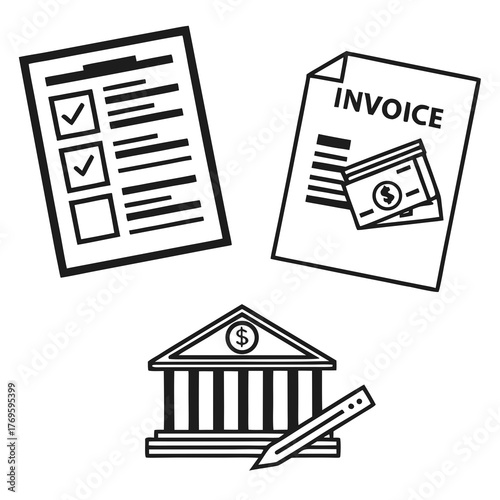 Financial management icons representing invoices bank transactions and task completion with checkmarks