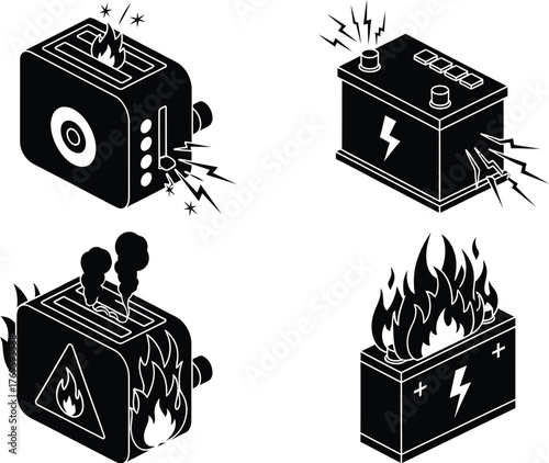 Black and white icons showing electrical fires and faulty equipment