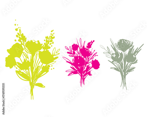 Three stylized floral bouquets in vibrant lime green hot pink and muted green on a white background