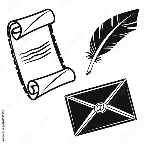 Vintage quill pen rolled parchment scroll and envelope with at symbol for communication and correspondence