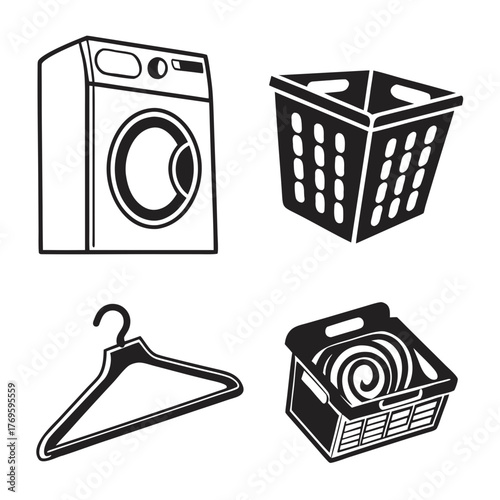 Set of four clean line art illustrations depicting laundry day essentials including a washing machine hamper hanger and laundry basket with clothes