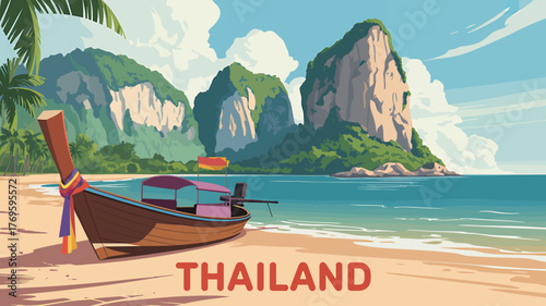 Longtail Boat on a Sandy Beach in Thailand with Lush Green Mountains and Clear Blue Water Vacation Destination