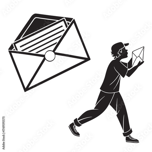 Silhouette of a mail carrier running with a letter and a large open envelope filled with documents