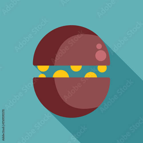 Futuristic round device opening and revealing bright yellow energy spheres inside, isolated vector illustration on turquoise background