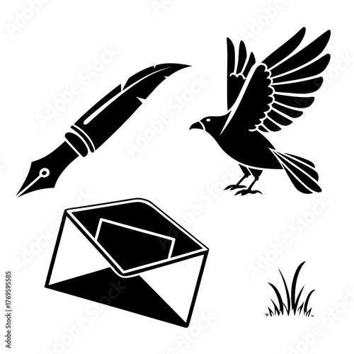 Black silhouette of a quill pen a flying bird an open envelope with a card and a patch of grass on a white background