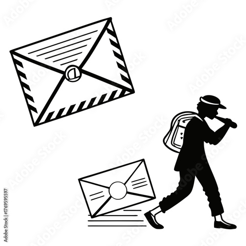Silhouette of a mail carrier with a bag on his back delivering letters and envelopes in a dynamic illustration