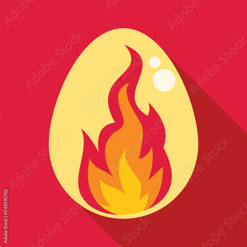 Egg shaped fire symbolizing spicy food, hot sauce, or a fiery concept, with a long shadow on a red background