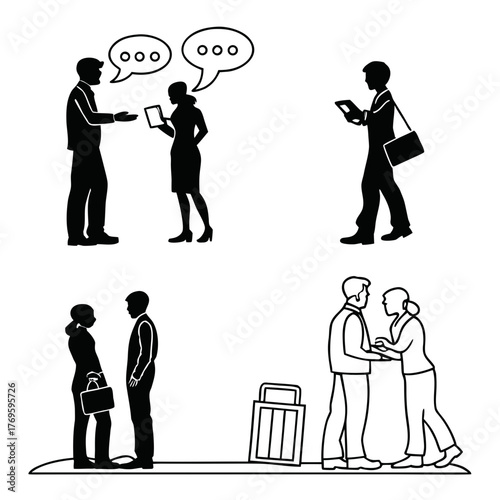 Business professionals interacting in various scenarios showing communication collaboration and travel with icons representing conversation and technology