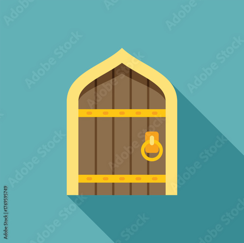 Wooden door with arched shape and metal decorations, evoking ancient or traditional architectural styles