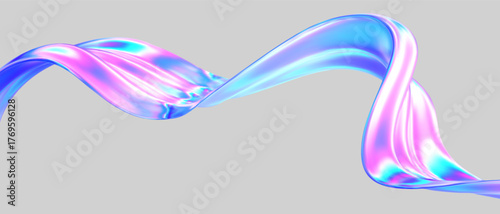 3d glass abstract wave flying. Gradient background liquid ribbon form. Hologram y2k spiral shape iridescent texture. Holographic ribbon glass effect. Vector music poster, futuristic tech template