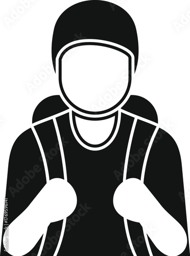 Climber is getting ready for a climbing expedition, wearing a helmet and backpack