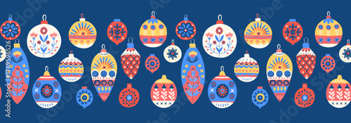Scandinavian Christmas Ornament Pattern Festive Folk Seamless Background. Colorful Nordic Holiday Baubles, Cozy Winter Flat Vector Illustration. Scandinavian Style Design. Horizontal border frame