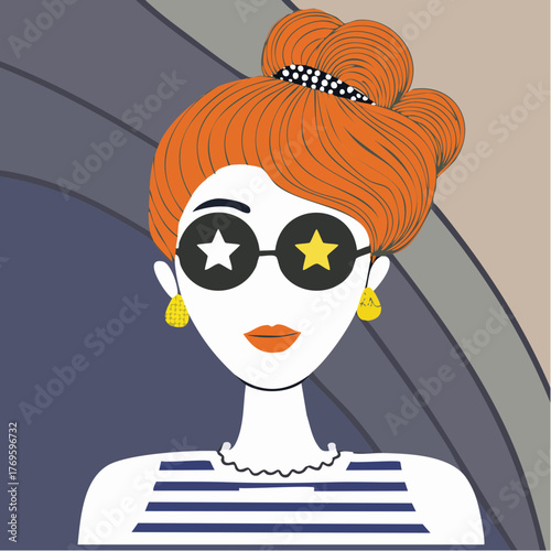 retro orange updo portrait with star-lens sunglasses, polka hairband, striped scallop top