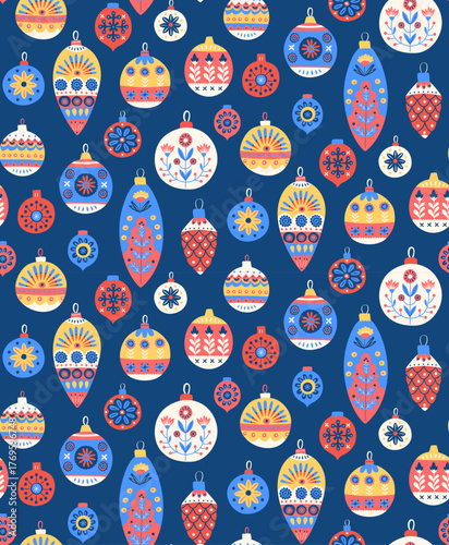 Scandinavian Christmas Ornament Pattern Festive Folk Seamless Background. Colorful Nordic Holiday Baubles, Cozy Winter Flat Vector Illustration. Retro Decoration Pattern, Scandinavian Style Design