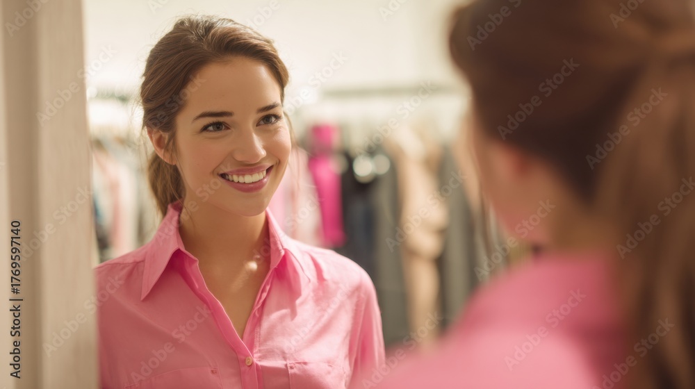 Fototapeta premium Woman enjoys her reflection while trying on a stylish outfit at a vibrant clothing store.