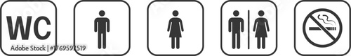 Public place signs. Public restroom symbols, WC. No smoking area. Vector