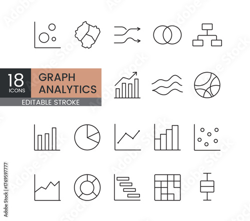 A set of vector icons representing graph-based analytics, data processing, and network structures, created in line style with editable stroke