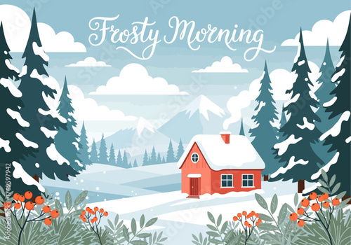 A charming winter scene featuring a snow-covered house nestled amidst a frosty landscape with evergreen trees and mountains.