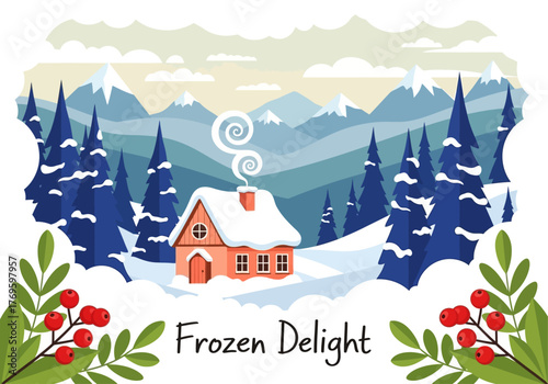 A charming winter landscape featuring a snow-covered house with smoke rising from its chimney, surrounded by frosty pine trees and distant mountains, framed by red berries.