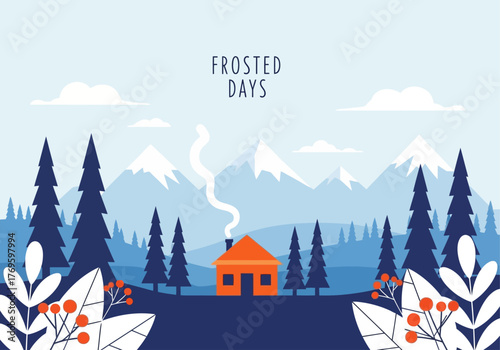 Cozy cabin nestled in a snowy winter mountain landscape with tall pine trees and frosted plants in the foreground, under a light blue sky.