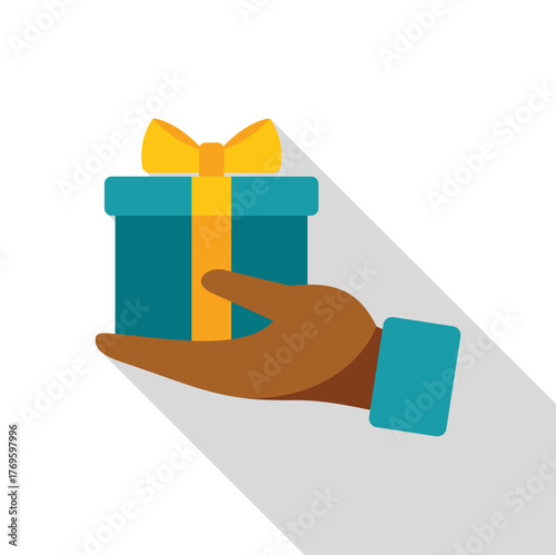 Hand is offering a teal gift box tied with a yellow ribbon