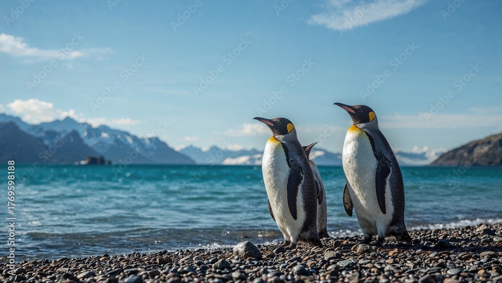 Fototapeta premium A sunny scene on South Island featuring three regal king penguins.