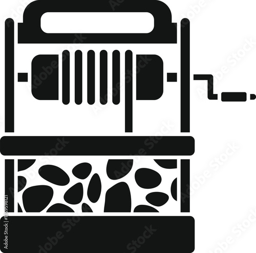 Simple black and white icon of a water well, featuring winding mechanism, stone base, perfect for representing water extraction, agriculture, or rural life