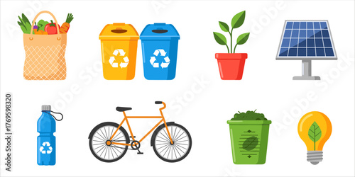 Flat eco icons with recycle bins, solar panel, and green energy elements for sustainable design.