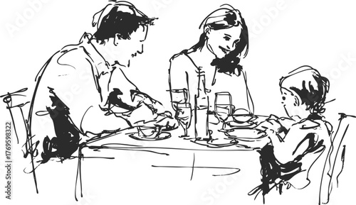 Expressive black ink sketch of two parents and child sharing meal together at holiday dinner table.