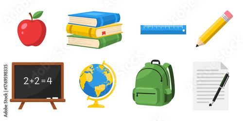 Flat school and education icons set with books, globe, backpack, and microscope for learning design.