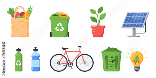 Flat eco icons with recycle bins, solar panel, and green energy elements for sustainable design.