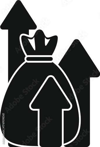Money bag with increasing arrows, symbolizing investment growth, financial success, and return on investment