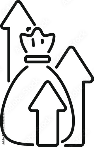 Money bag with growing upward arrows representing increasing investment and financial success