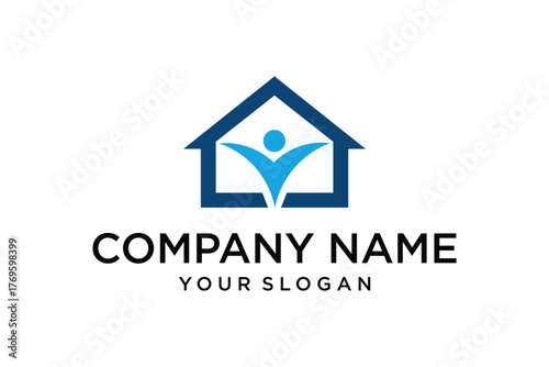 Abstract Human in House Logo Design. Residential Care, Home Services, Community Support Concept.