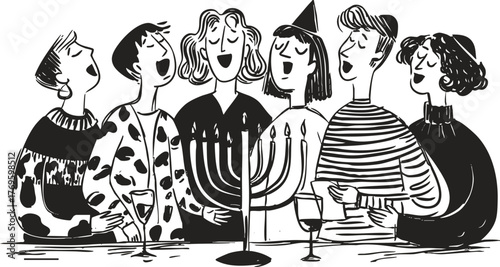 Family celebrating Hanukkah with menorah and wine. Warm holiday pencil ink illustration for festive posters and cultural design. Hand drawn sketch.