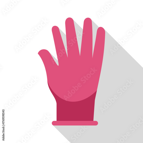 Pink glove showing open hand gesture, isolated on white background, with long shadow