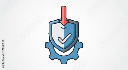 Data security shield with arrow pointing downwards, symbolizing protection against data loss and unauthorized access