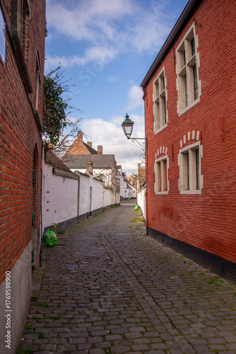 A narrow cobblestone alley in Ghent, Belgium, lined with red and white brick houses, green trash bags on the ground, old lantern lamp, and rooftops visible under a partly cloudy blue sky.