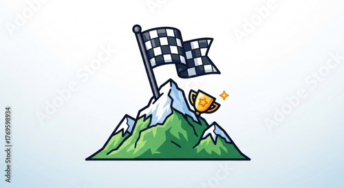 Illustration depicting success on a mountain peak, with a checkered flag and trophy, symbolizing achievement and victory