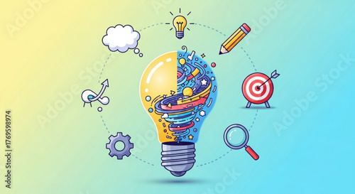 Creative illustration of a light bulb symbolizing idea generation, with gears, magnifying glass, target, and pencil, representing innovation and problemsolving