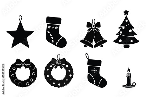 Festive christmas icons set black silhouette isolated holiday decorations for seasonal celebrations
