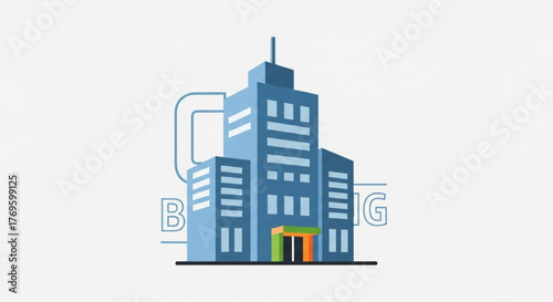 Modern office building illustration, representing corporate headquarters, business center, or commercial real estate