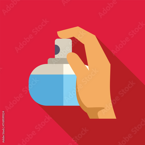 Hand using a spray can on a red background, simple flat design