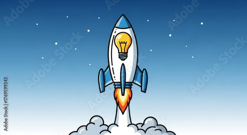 Illustration of a rocket ship with a light bulb inside, symbolizing a bright idea taking off into the sky, ready to explore new horizons and possibilities