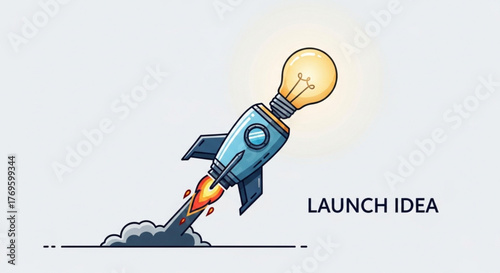 Illustration of a rocket ship with a light bulb as its head, symbolizing the launch of a bright idea, , ready to take off