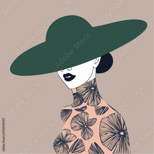 mysterious fashion portrait with wide-brim green hat, dark lipstick, and floral peach bodice